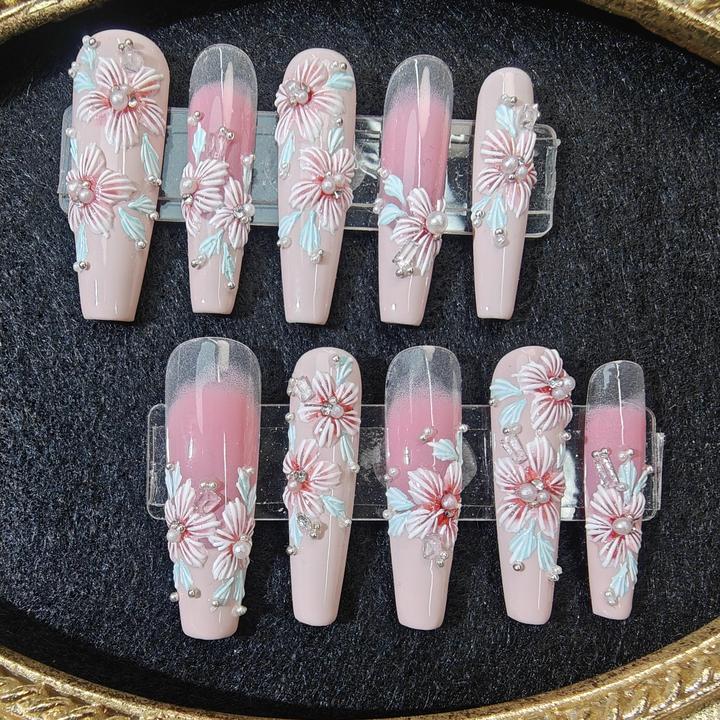 纯手工穿戴甲皮皮粉显白设计师刺绣花卉款仙女必备气质粉色纯欲