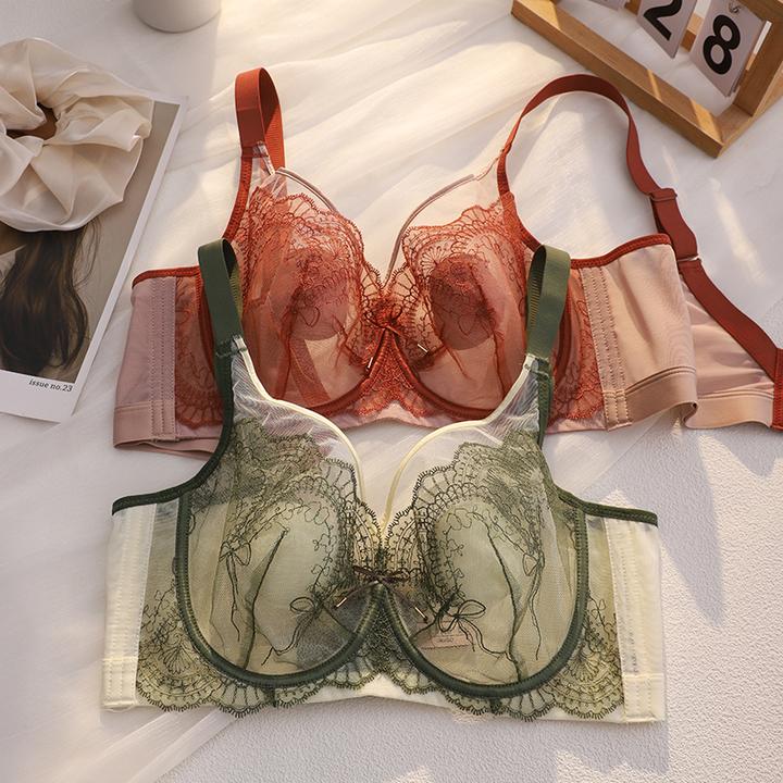 正品薄款大胸显小内衣女收副乳防下垂调整型软钢圈性感蕾丝文胸罩