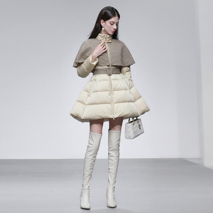 轻奢高领设计撞色毛呢披肩长袖收腰A字大摆羽绒服外套GC10135975