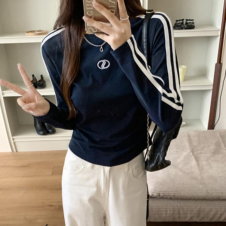 藏蓝条杠正肩长袖t恤女秋冬设计感褶皱收腰显瘦打底衫上衣