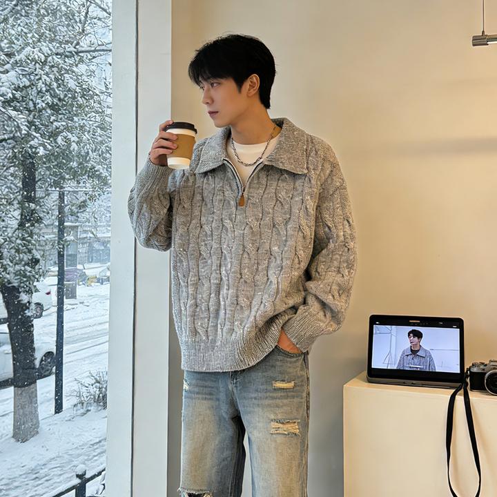 POLO衫翻领针织衫毛衣男麻花半拉链慵懒软糯高级感老钱风秋冬毛衫