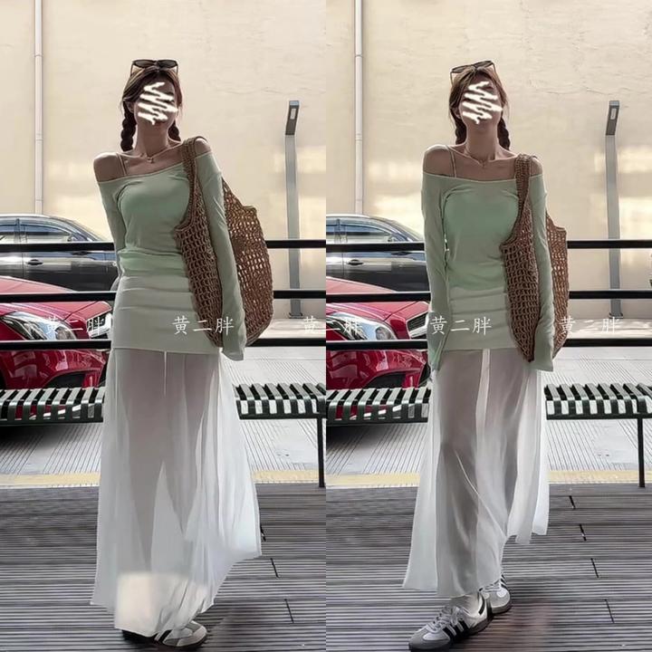 2025春季新款法式气质薄款露肩长袖上衣修身吊带设计感高腰半身裙