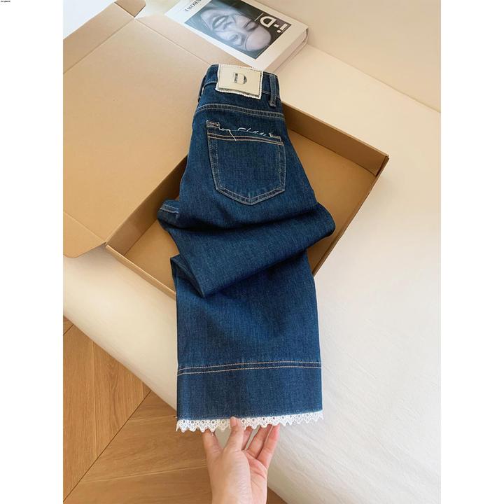 深蓝色蕾丝边直筒牛仔裤女秋季款胖mm梨形身材高腰弹力九分阔腿裤