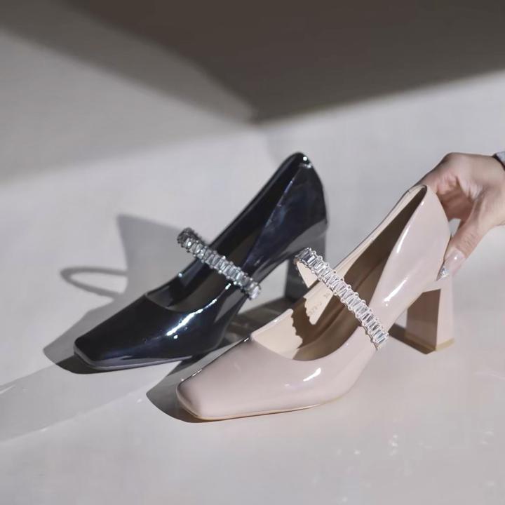 法式粗跟方头高跟鞋女鞋水钻一字带玛丽珍鞋配裙子裸粉色浅口单鞋