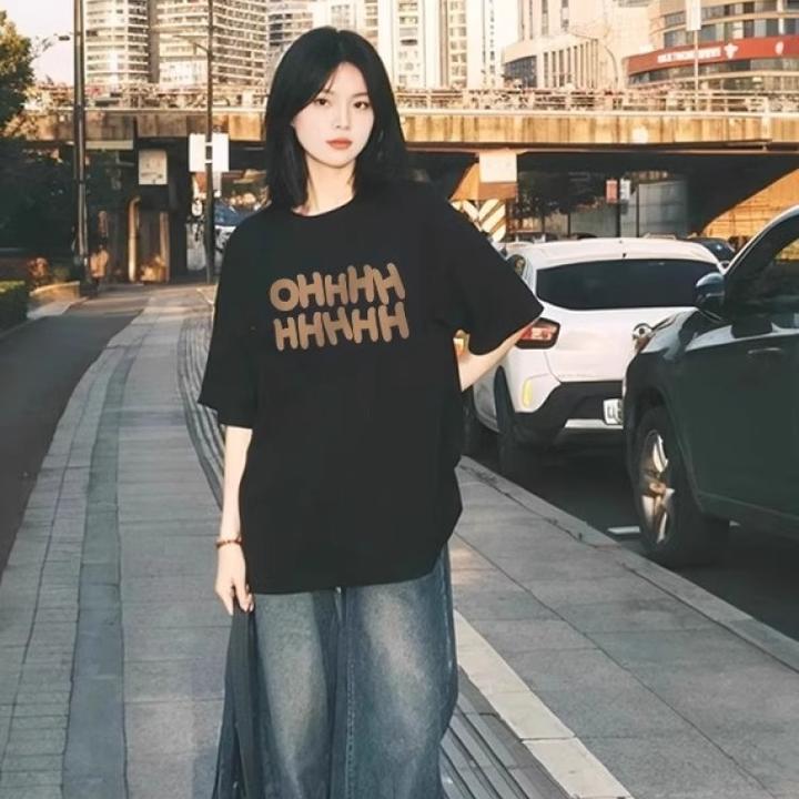 美式黑色圆领短袖T恤女2025夏日ootd穿搭宽松中长款半袖体恤上衣