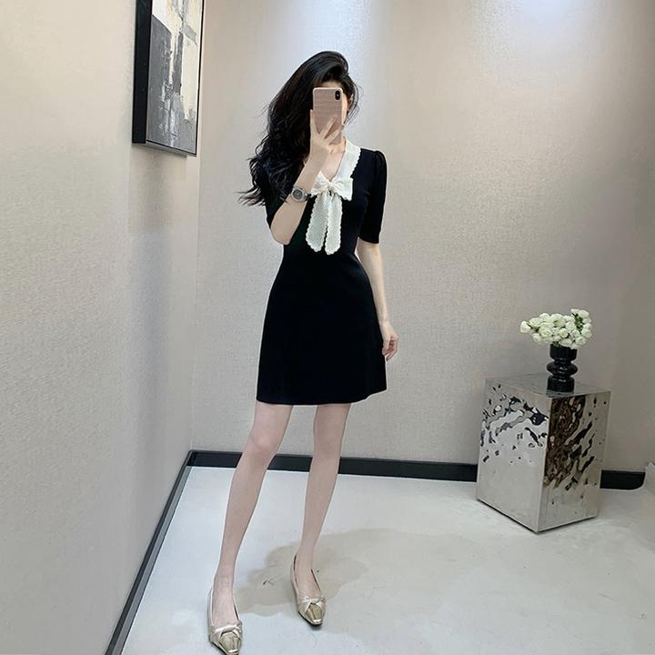 法式小香风夏季新款蝴蝶结裙子优雅气质收腰显瘦高级感针织连衣裙