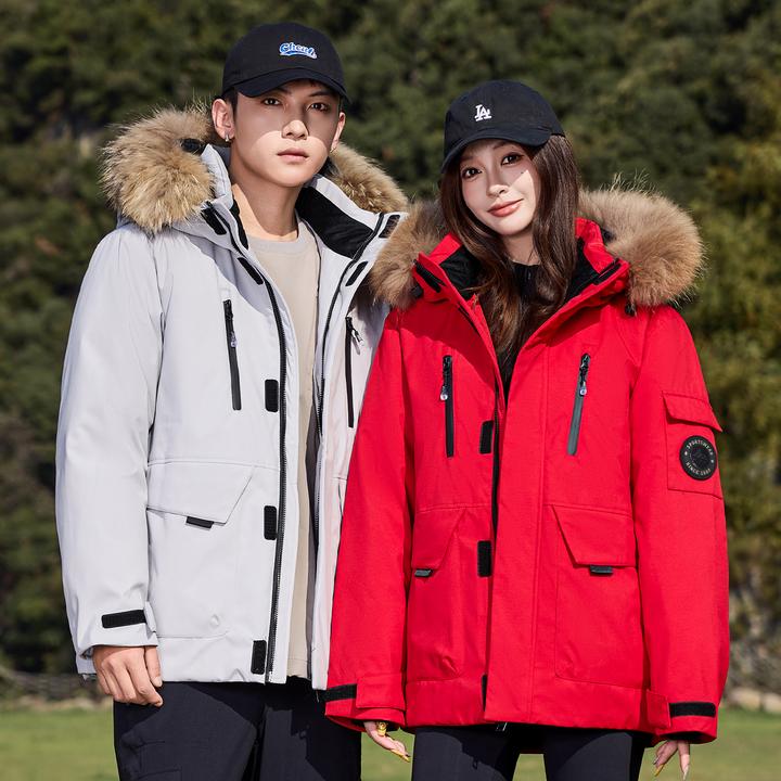 品牌同款冬季连帽情侣中长款羽绒服潮流户外大毛领防寒保暖外套男