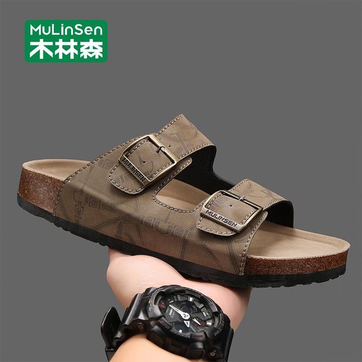木林森勃肯拖鞋外穿男士高级感软木防滑皮凉拖秋季新款沙滩一字拖