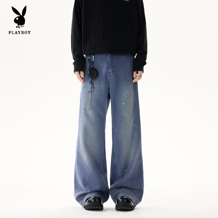 花花公子美式法工蓝牛仔裤男秋季高街水洗泼墨阔腿直筒工装裤长裤