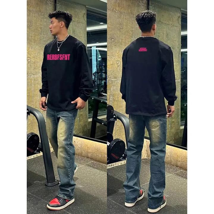 hiphop街头国潮痞帅设计感长袖T恤男款黑色重磅纯棉休闲美式上衣