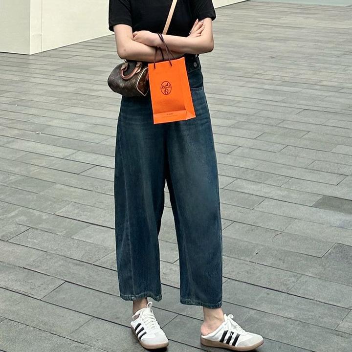 蓝色优质弹力版2025年夏季高腰直筒九分牛仔女裤适合春秋中等厚度
