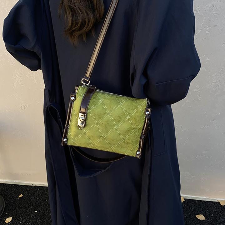 女小众菱格夏季绿色单肩包斜跨腋下经典百搭手提盒子包休闲时尚