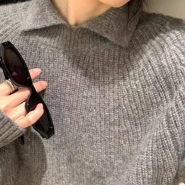 2025长袖针织短款休闲高领时尚宽松秋冬套头洋气翻领百搭加厚方领