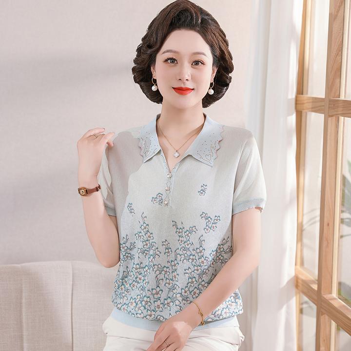 薄款高贵气质时尚翻领中老年女装中年夏季妈妈装t恤宽松大码洋气