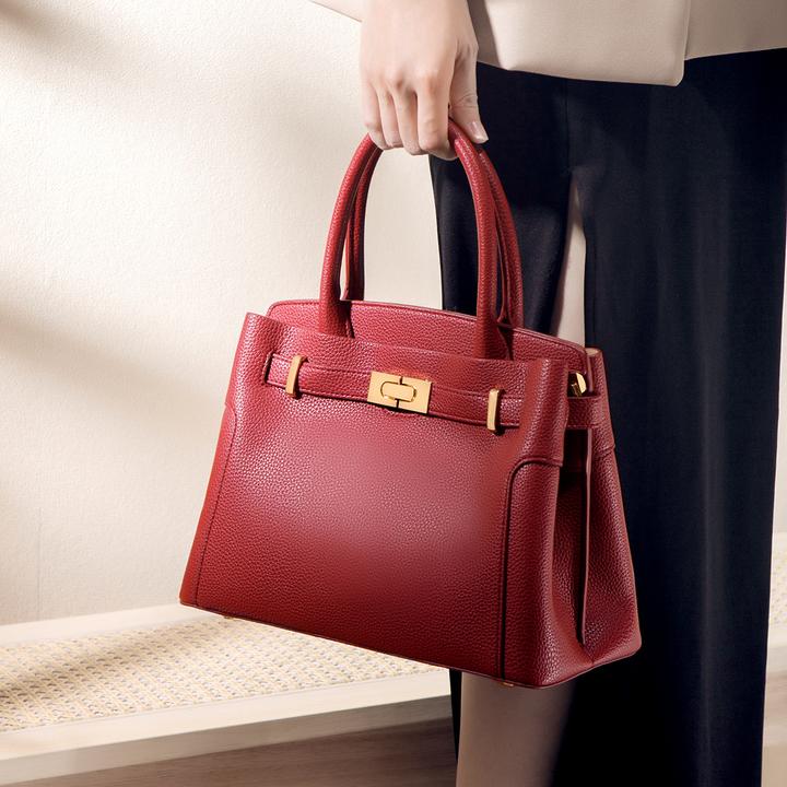 [买二送一]高级荔枝纹酒红色锁扣妈妈包包结婚用大容量气质时尚包