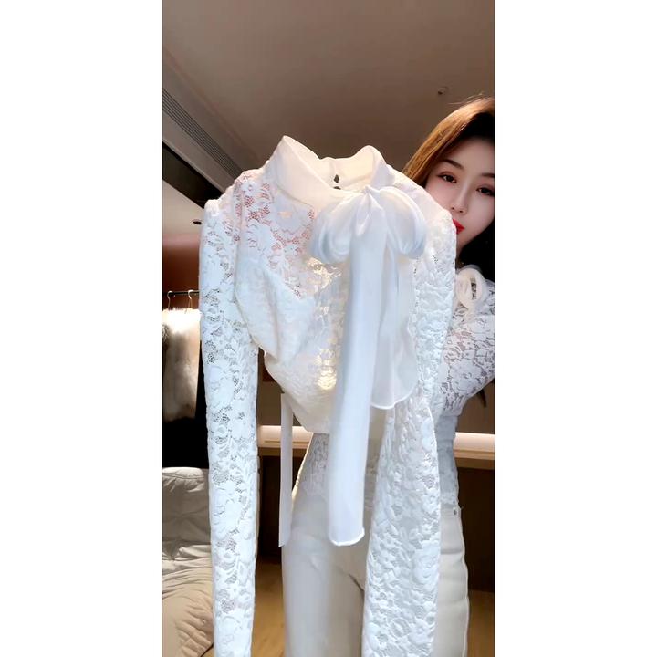 丝带蝴蝶结气质提花蕾丝衬衣欧货重工碎花蕾丝衫上衣