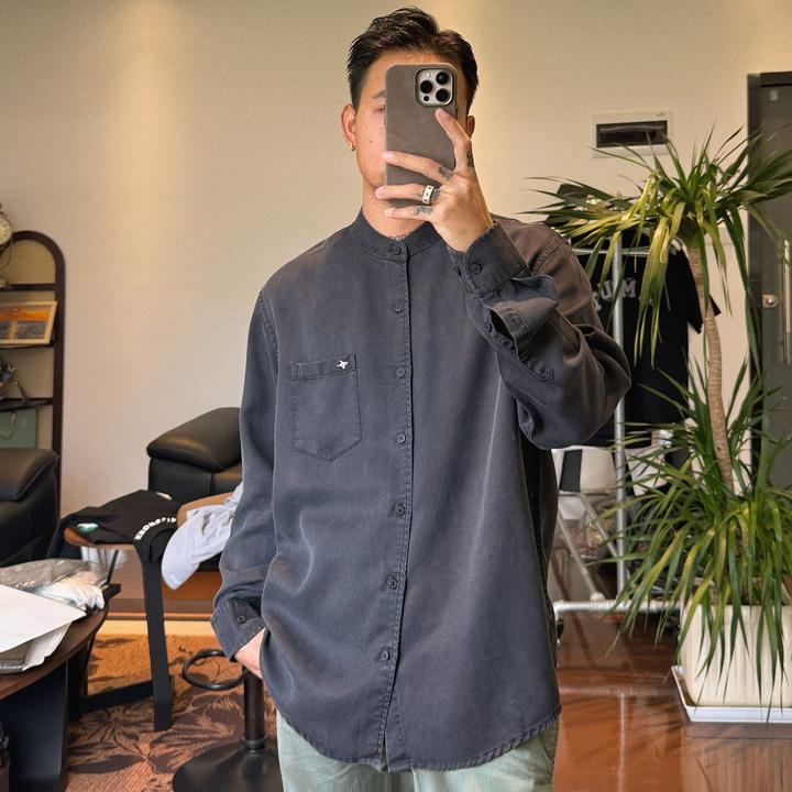 早秋新款莱赛尔衬衫长袖男复古简约风宽松圆领国风男士亨立领外套