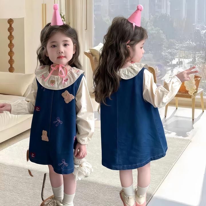 2025新款小女孩甜美洋气背心连衣裙女宝宝春季娃娃领牛仔裙两件套