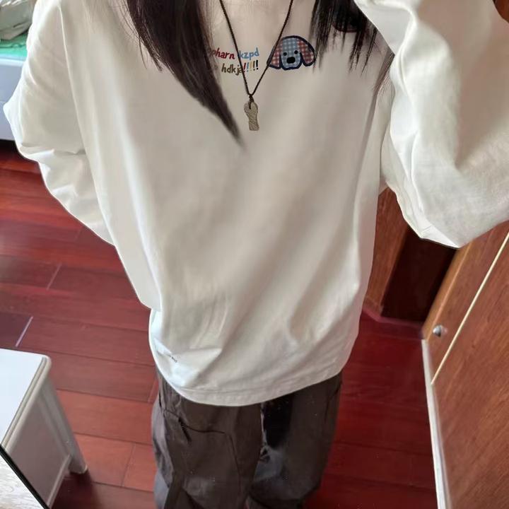 纯棉白色t恤女秋季印花正肩设计宽松美式内搭初秋t恤女款长袖时尚