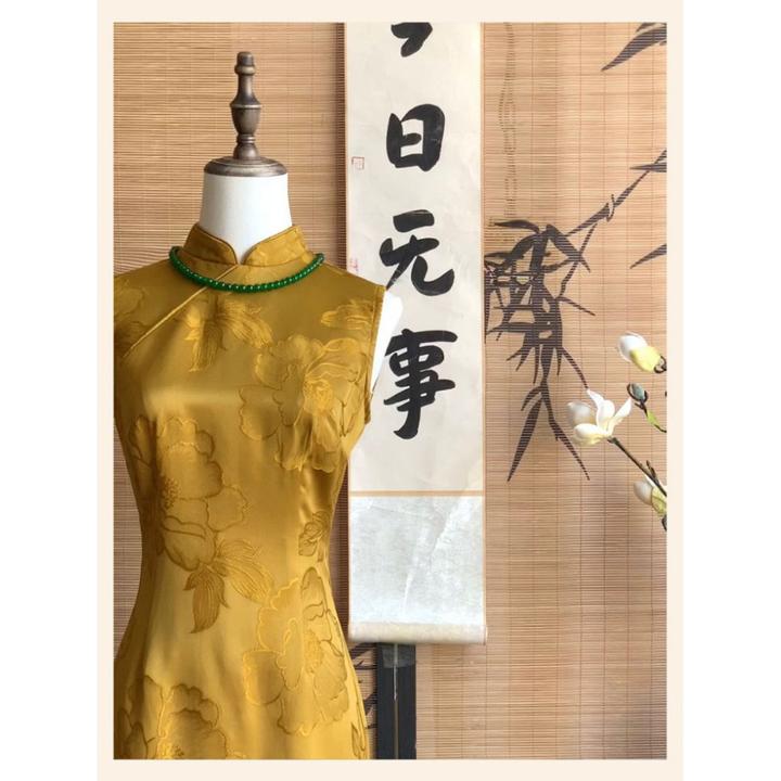 【黄金万两】新中式金色改良旗袍气质修身无袖复古国风连衣裙新款