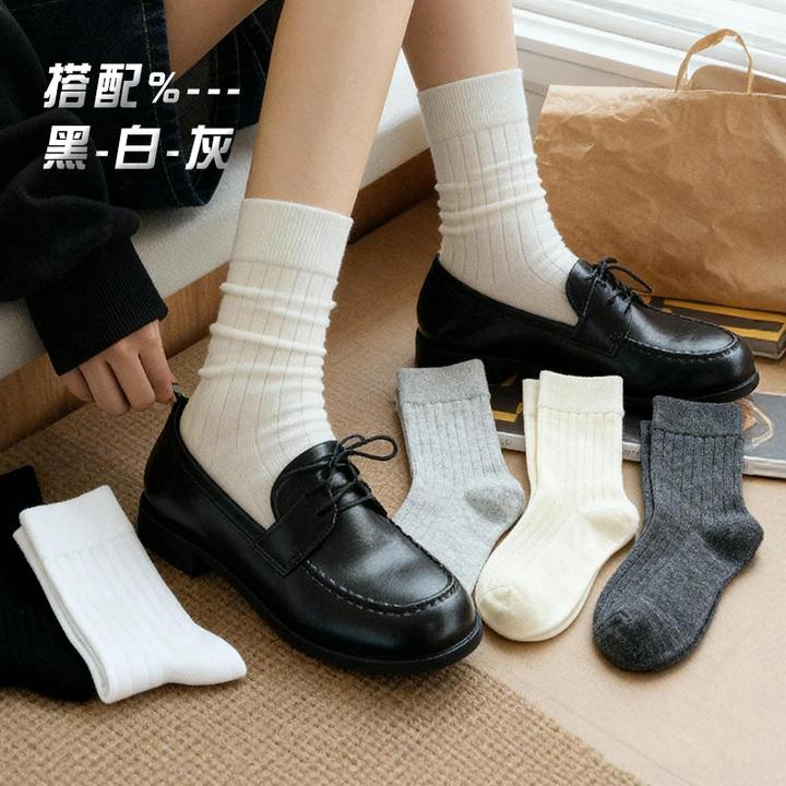 袜子女中筒袜纯色冬季秋季中筒袜学院风棉袜长筒袜条纹提花小白袜