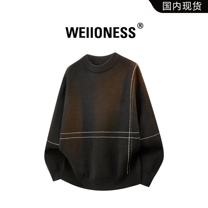 WEIIONESS毛衣男冬季新款简约条纹设计感圆领百搭上衣高级感男装