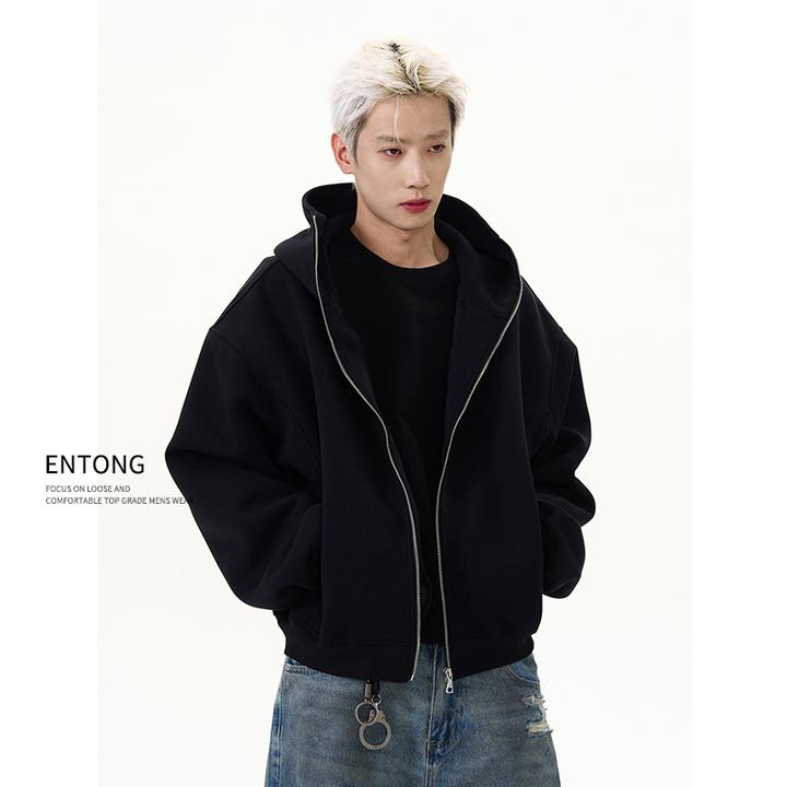 Entong美式潮牌cleanfit开衫连帽卫衣男款宽松秋季短款帽衫外套潮