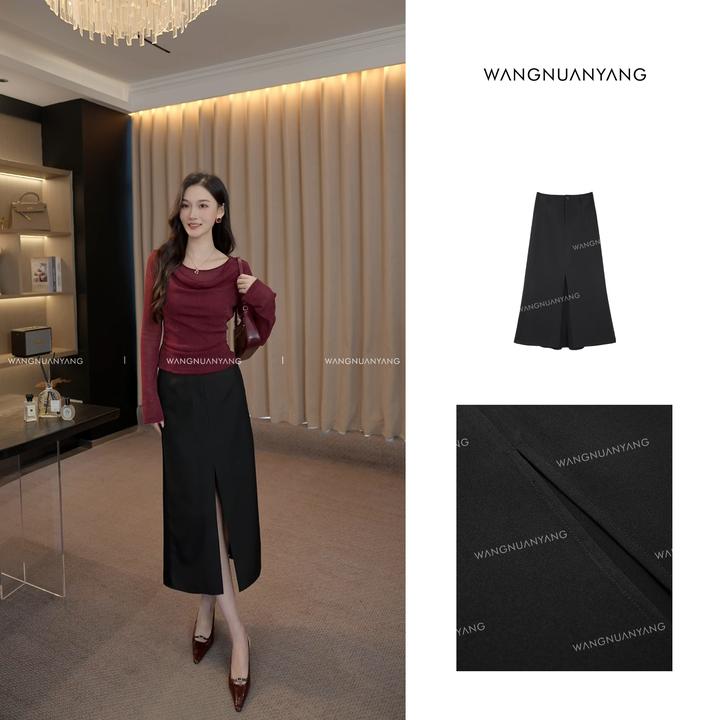 【王暖阳】镜像人生|早秋前直身开叉拼接后醋酸鱼尾半身裙