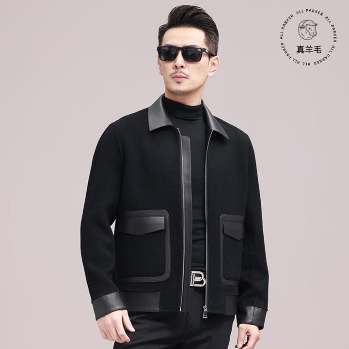 毛呢外套男短款翻领休闲绵羊皮夹克秋冬新款全羊毛双面呢子外套潮