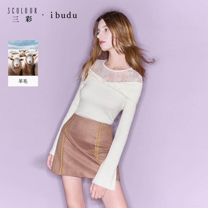 三彩ibudu2025秋季新款假两件针织衫拼接扭结毛衫修身女