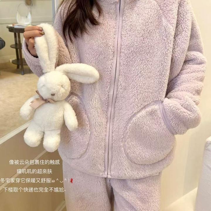 冬季立领加绒加厚保暖可外穿家居服睡衣套装宽松舒服