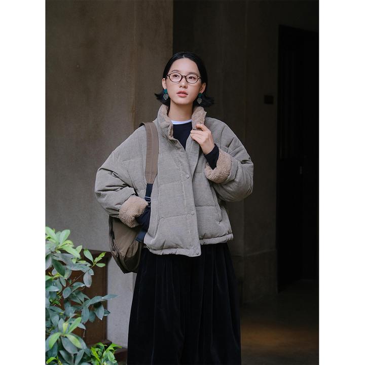 麻霖冬装新品柞蚕丝棉细坑花纱灯芯绒90白鹅绒加厚保暖羽绒服外套