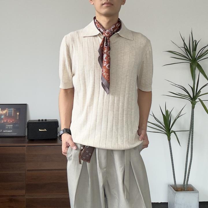 新款复古老钱风POLO领竖纹肌理合体修身螺纹下摆袖口针织短袖T恤