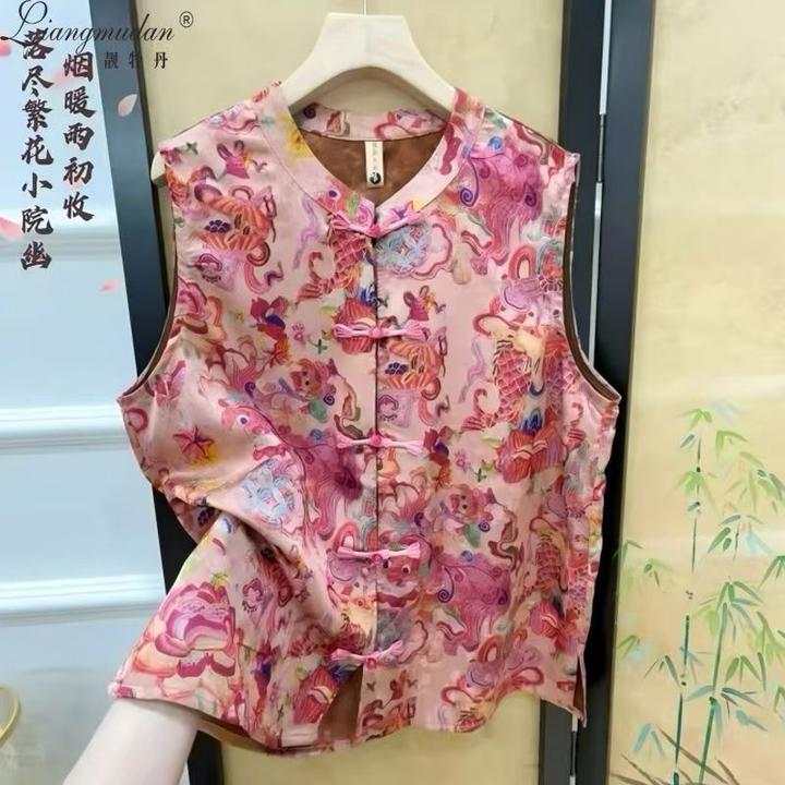 （小曼推荐）1413#新款时尚盘扣缎面印花马甲