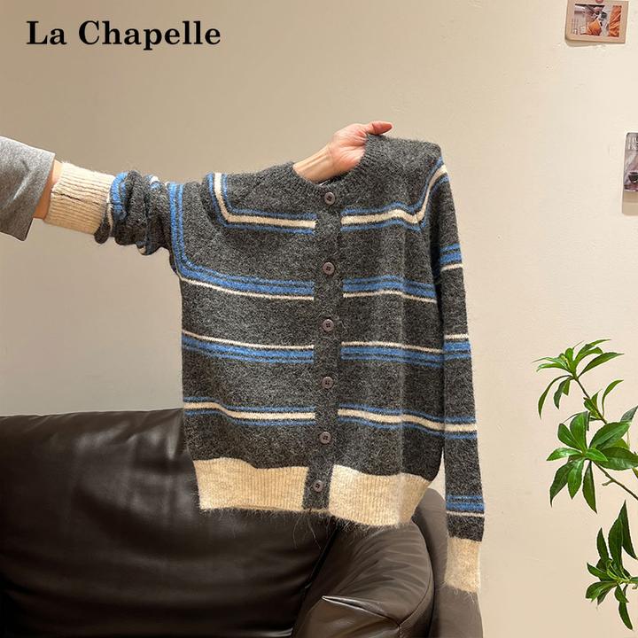 拉夏贝尔时尚条纹撞色毛衣外套女秋季软糯宽松慵懒感针织开衫上衣