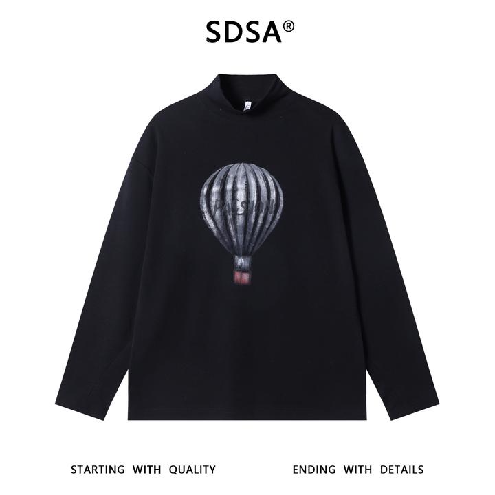 SDSA秋冬新款痞帅男装潮牌手绘热气球字母印花半高领长袖T恤百搭