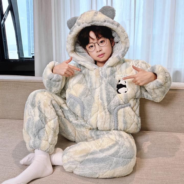 三层夹棉儿童冬季睡衣法兰绒男童加绒加厚连帽洋气家居服冬款外穿