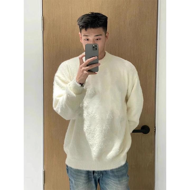 美式hiphop马海毛毛衣男秋冬款oversize慵懒风休闲情侣外套针织衫