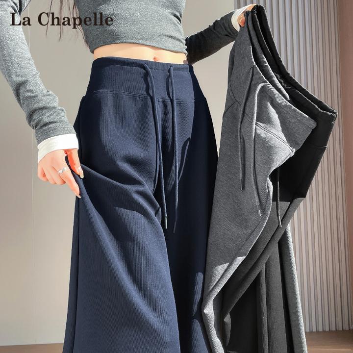 拉夏贝尔美式针织直筒卫裤女春秋新款藏青色梧桐裤窄版阔腿运动裤