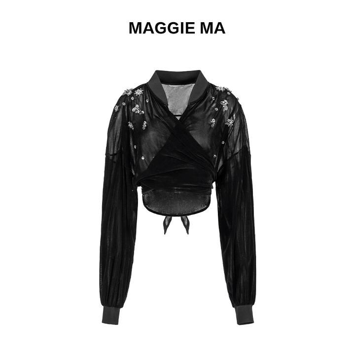 MAGGIE MA马婧设计师款黑色重工烫钻亮片气质修身上衣128S