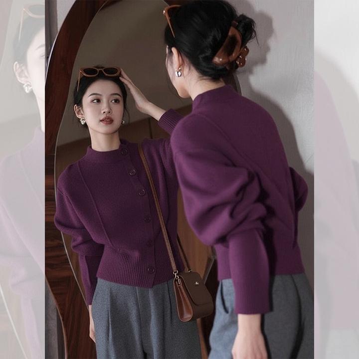 洋气高贵百搭衣服女装韩系秋冬休闲紫色针织开衫内搭长袖打底上衣