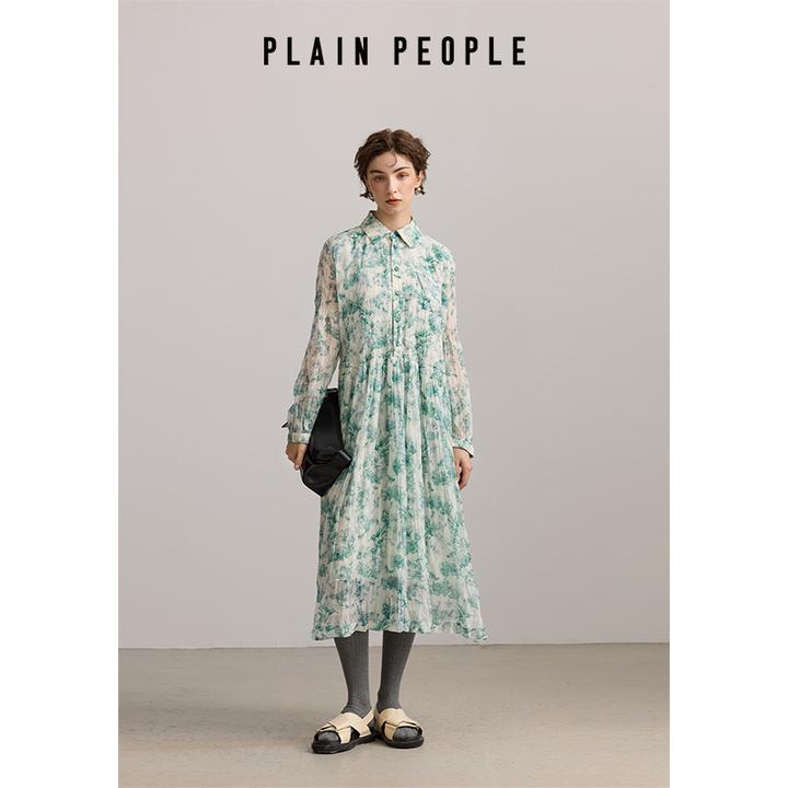 PLAIN PEOPLE法式度假雪纺印花翻领高腰收褶连衣裙绿色2025秋新款