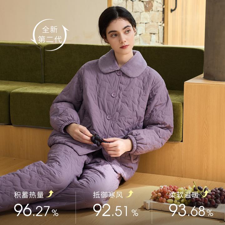 秋鹿冬季暖羽绸夹棉睡衣女士加厚三夹层棉袄秋冬款家居服保暖套装