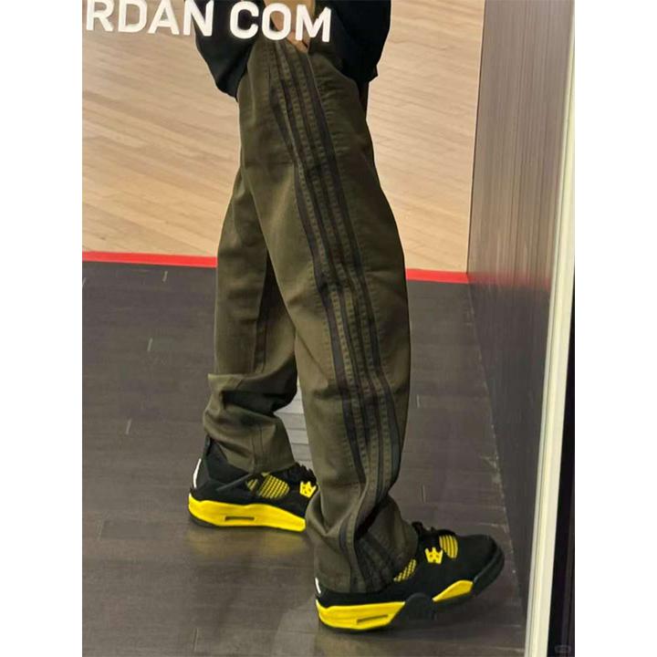 三条杠凉感冰丝裤子男款夏季美式复古休闲长裤vibe微喇直筒运动裤