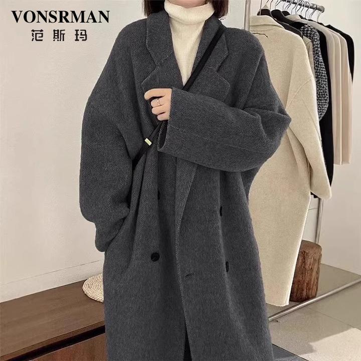 高级感黑灰色呢子大衣女2025冬季新款时尚宽松韩系气质百搭潮外套