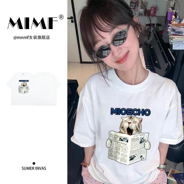 mnmf夏季新款宽松显瘦猫咪印花短袖T恤女装纯棉休闲装半袖上衣ins