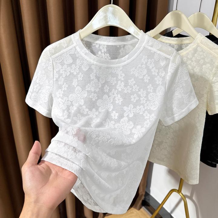 白色网纱短袖T恤女提花2025夏季百搭小圆领微透蕾丝内搭短袖打底