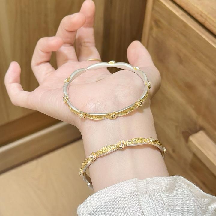 银9999新中式复古描金唐草纹玫瑰花银手镯环送礼物经典镯子设计感