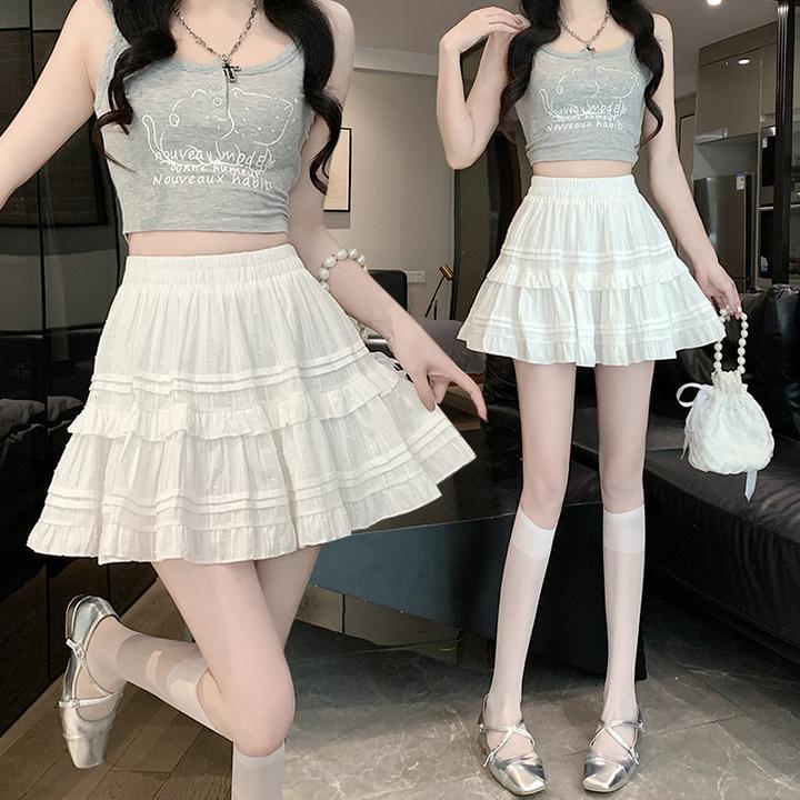 2025夏季法式荷叶边蓬蓬半身裙甜美个子百褶蛋糕短裙高腰a字裙女