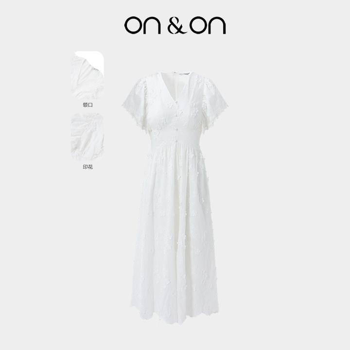 ON&ON/安乃安夏季新法式V领立体花刺绣收腰显瘦连衣裙N5SA1633106